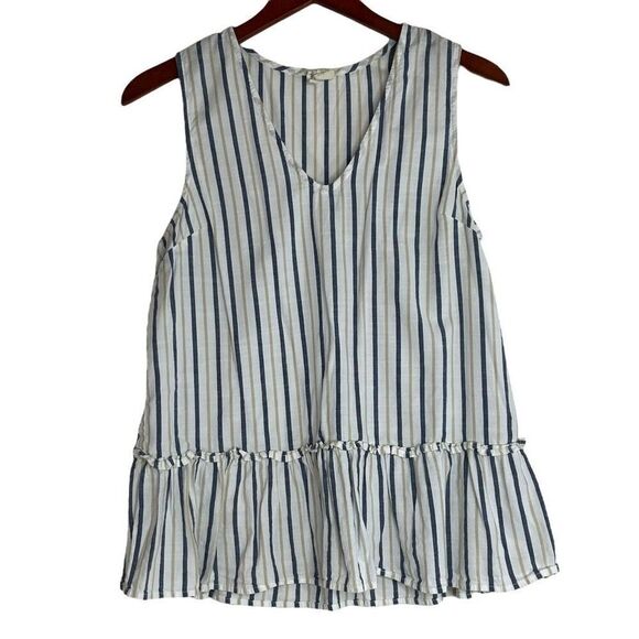 Japna Womens Striped V-Neck Ruffle Peplum Tank Top White Navy Blue Size Large - Picture 13 of 15